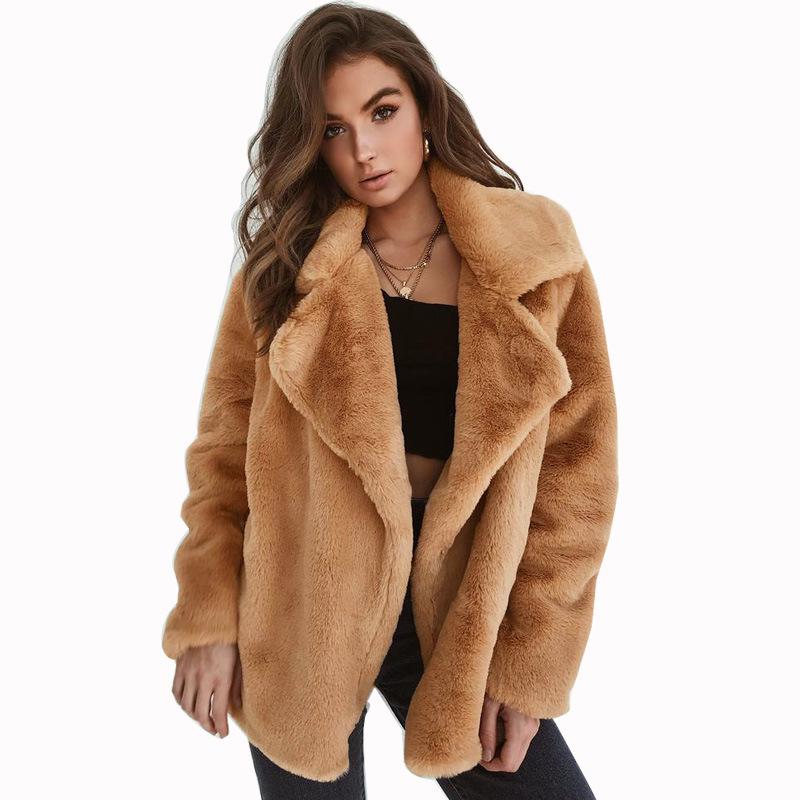 Sexy Plush Lapel Fitted Jacket Winter Women Faux Fur Cardigan Coats Double-Faced Fleece Casual Solid Color Outwear Female Plush Thick Jacket