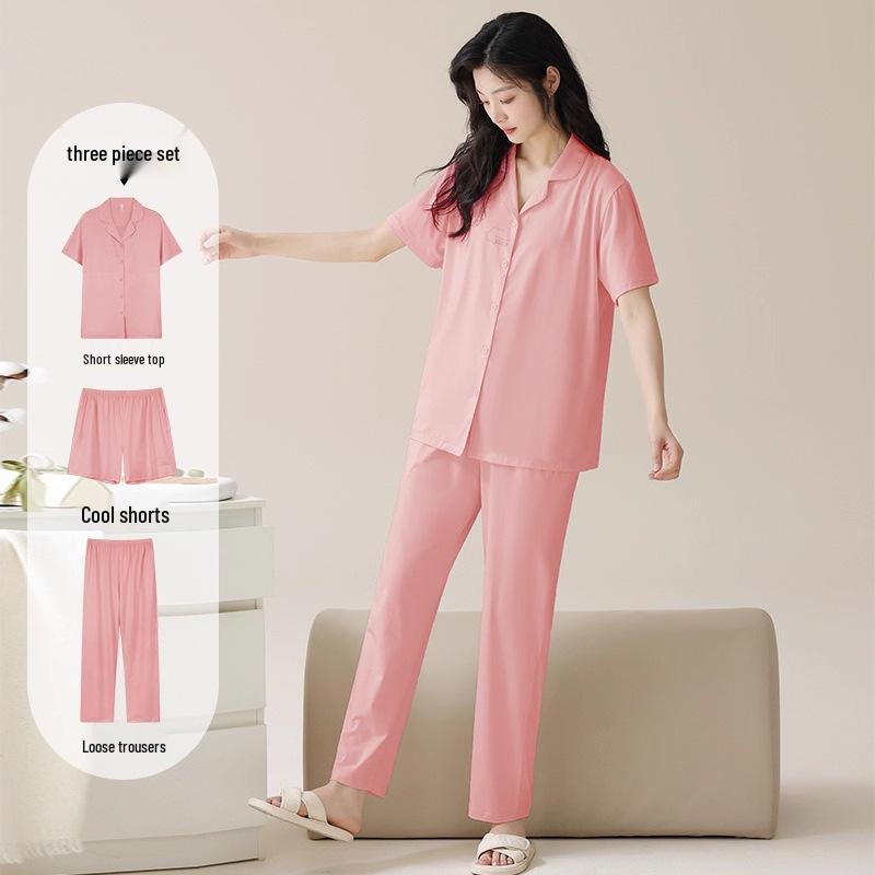 Women's Tencel Cotton Pajama Set: Summer Lyocell Short Sleeve, Long Pants, 3-Piece for Home or Outdoor Wear