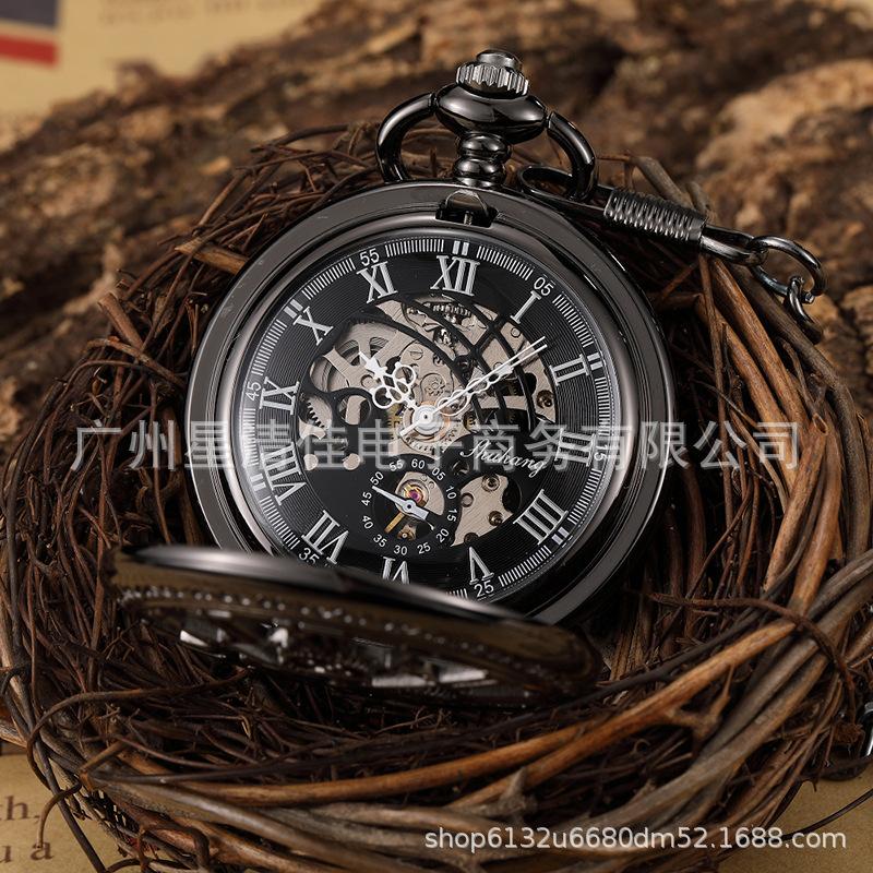 Gear Parts Roman Character Hollow Pocket Watch, Large Classical Mechanical Parts Silver Mechanical Pocket Watch Movement