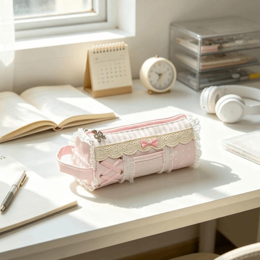 Desktop Storage Large Capacity Lace Pencil Case Ruffle Pink Pencil Pouch Sweet INS Style Stationery Pen Bag Girls