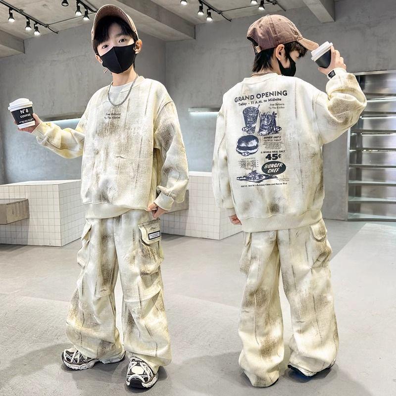 Spring Winter Boys Tracksuit Letter Graffiti Sweatshirt Hooded + Loose Cargo Pants Clothes Children Set 4 6 8 10 12 14 Year