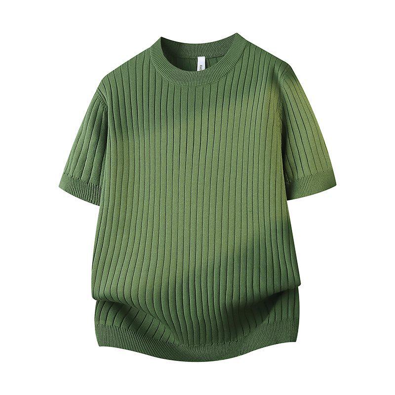 

2026 Men s Breathable Knit Style T-shirt: Simple Round Neck, Short Sleeve, Large Stripes, Summer Thin 2XL