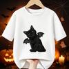 Tricou Negru Pisică Halloween Decorat cu Aripi de Liliac Imprimate pentru Copii Bumbac Pur Gât Rotund Mânecă Scurtă Modă Îmbrăcăminte Petrecere Copii