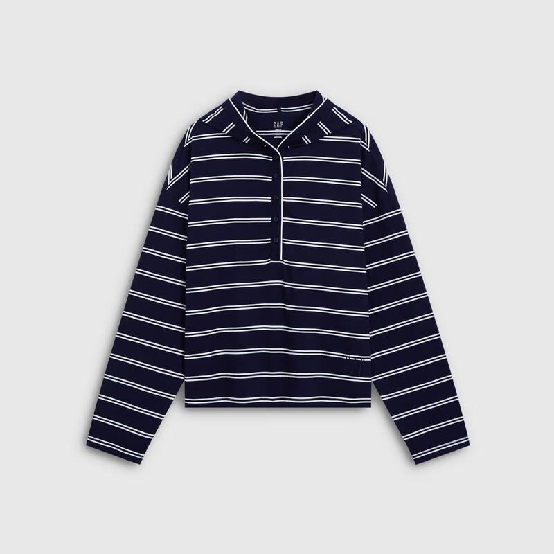 GAP Women's Logo Striped Henley Hooded Knit Top