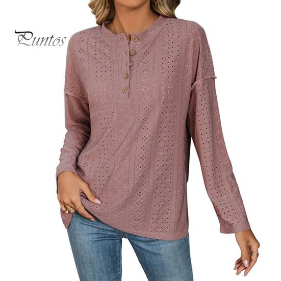 

Женские топы с круглым вырезом и длинным рукавом, однотонные, свободные, рубашка с жаккардовым узором, ажурные кружевные пуловеры, повседневные футболки S розовый