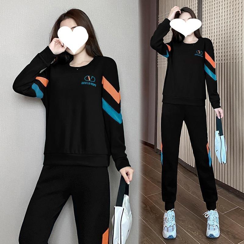 Round Neck Sports Suit for Women, Spring and Autumn Korean Style Fashionable Loose Sweatshirt, Western Style Casual Wear Two-piece Set