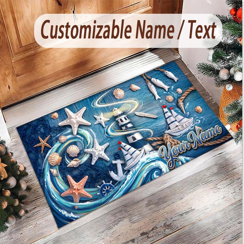 Fish Ocean Theme Soft Crystal Velvet Rug Custom Name & Text Print Non Slip Floor Rug for Bedroom Living Room