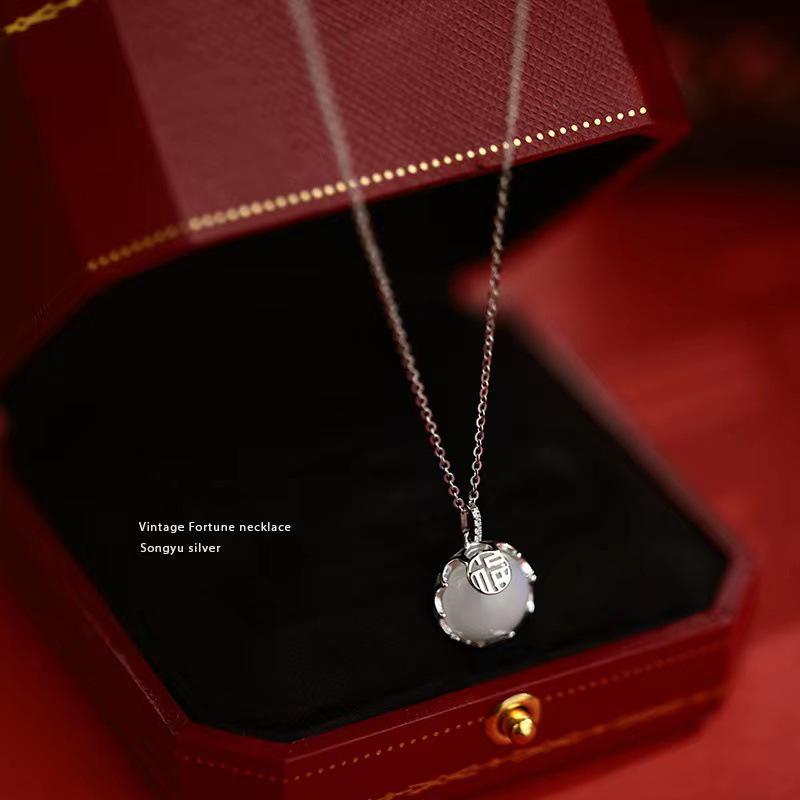 Fu Character Chalcedony Necklace - Women s Trendy, Simple Chinese Style Pendant with Versatile Fashionable Clavicle Chain