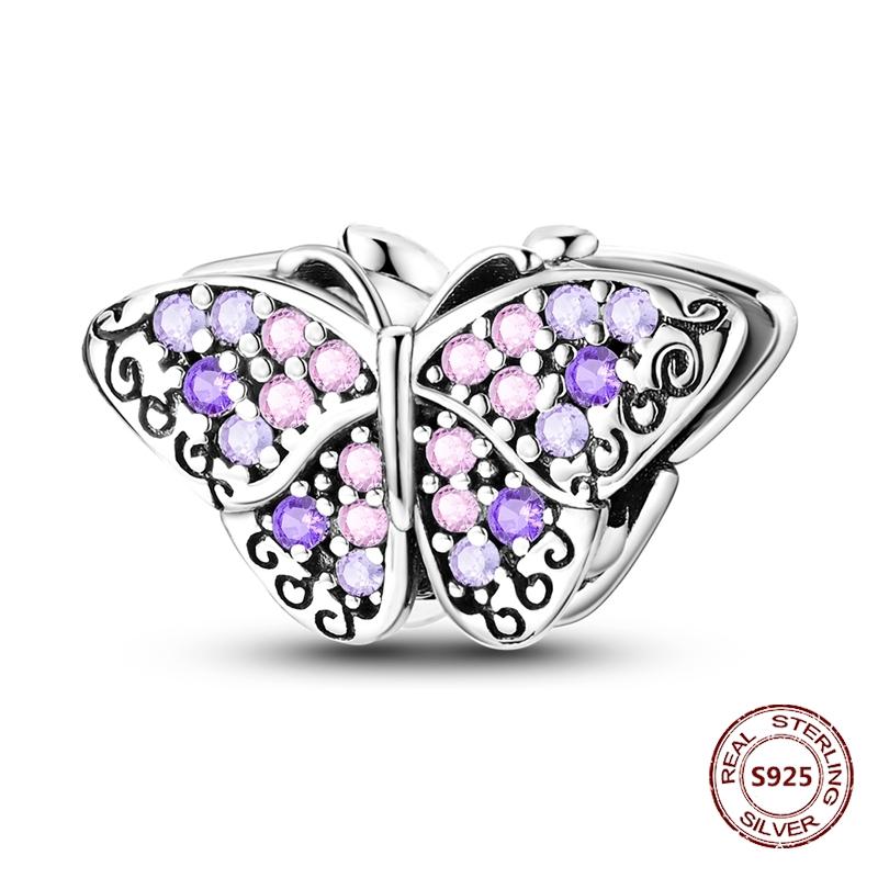Butterfly Charm copper Authentic Pink Blue Zircon Fly Butterflies Safety Chain Clip Charm Bead Charms Compatible With Bracelets Do It Yourself Jewelle