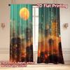 Set Of 2 Flat Printing Curtains Without Rod Futuristic City Sunset April Fools Is Day Holiday Digital Curtain Polyester