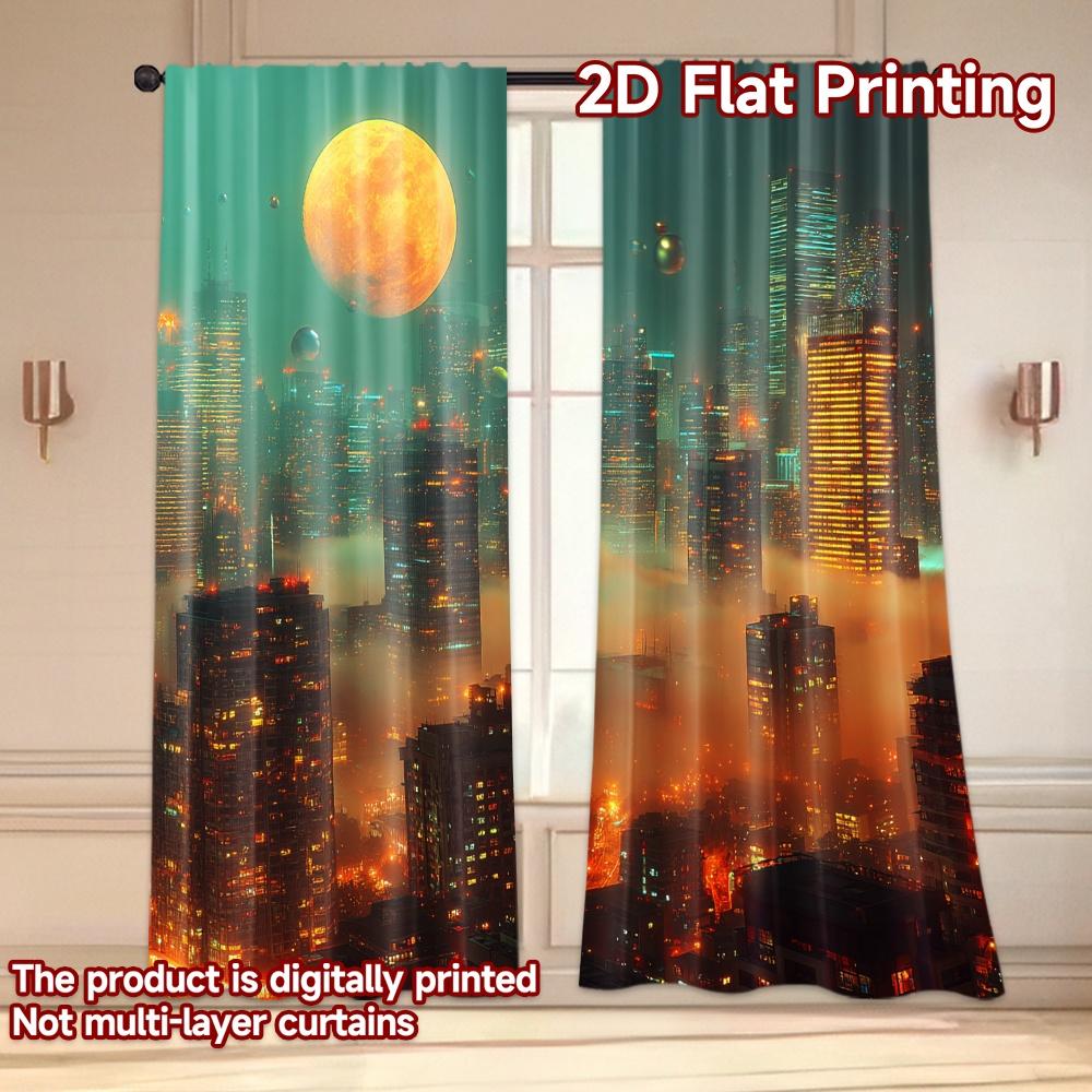 Set Of 2 Flat Printing Curtains Without Rod Futuristic City Sunset April Fools Is Day Holiday Digital Curtain Polyester