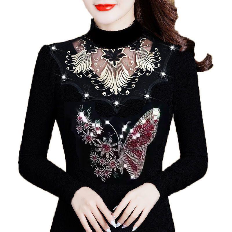 Women's Printed Stretch Base Shirt Slim Fit Lace Rhinestone Long Sleeve T-Shirt Fall Winter