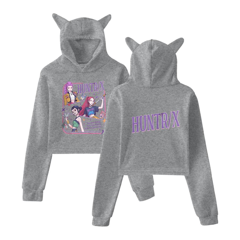 KPop Demon Hunters Cartoon Printed Merch Hoodies Sweatshirt for Girls Cat Ear Crop Pullover Casual Clothes