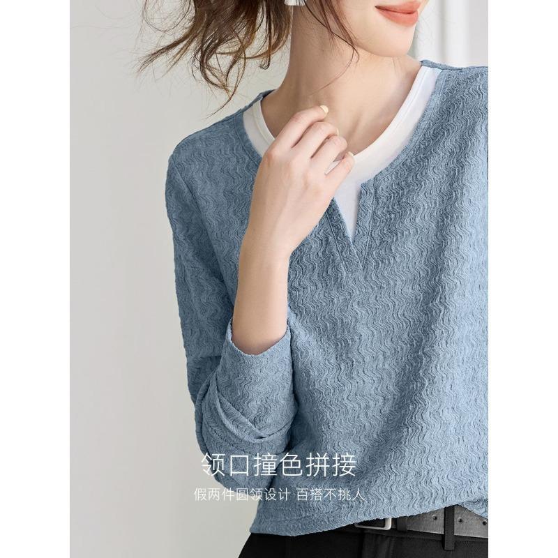 Women S Long Sleeve Mock Two Piece Casual Top Patchwork Round Neck