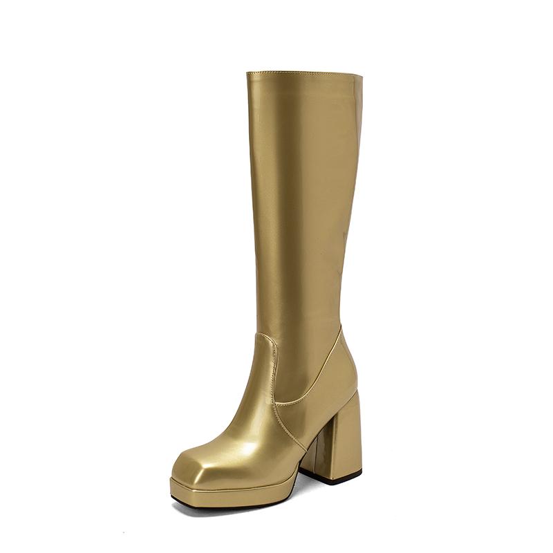 Silver Gold Knee High Boots Women 2024 Four Seasons 10cm Chunky Heels Shoes Square Toes Long Booties Big Size 48 Botas Mujer