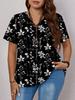 Plus Size Women Green Floral Pattern V-Neck Casual Tee In Summer, For Thanksgiving
