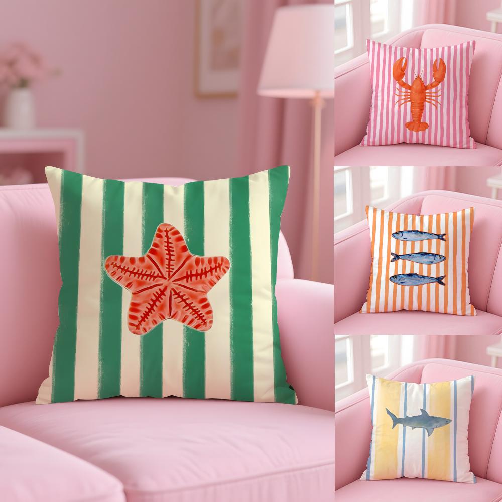Ocean Life Theme Striped Cushion Cover Soft Short Plush Double-Sided Printing Home Decor Machine Washable Pillow Case Gift