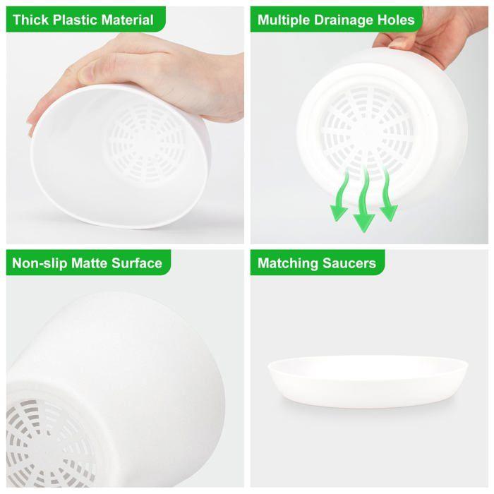 Lot de 8 pots de fleurs plastique 17 cm - cache-pots percés avec soucoupes, drainage, blanc