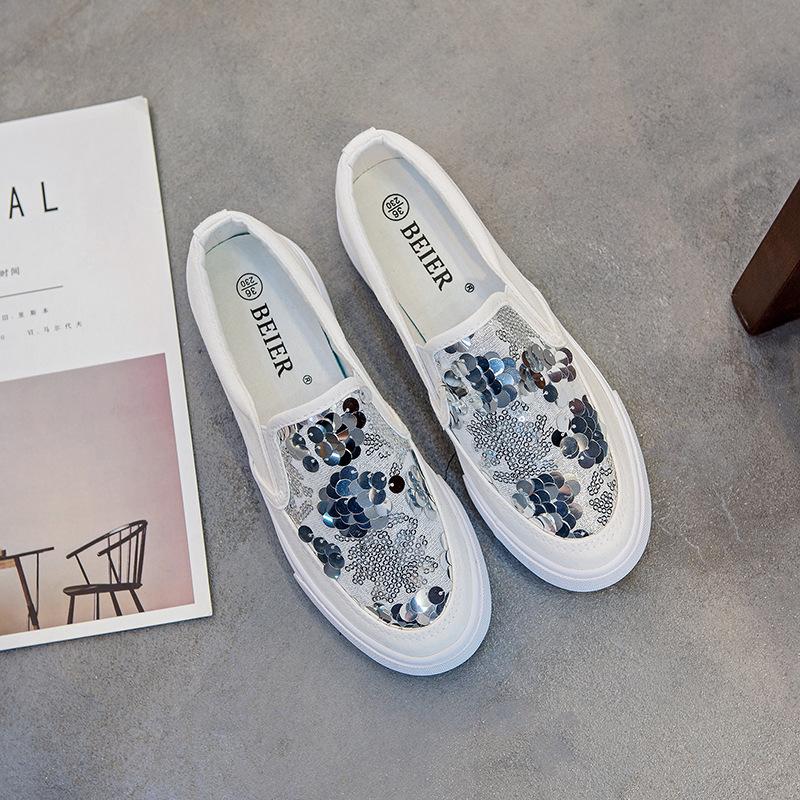 Women's White Canvas Loafers Glitter Platform Low Top Slip-On Casual Shoes Comfort for Daily Walking Sneakers for Girls