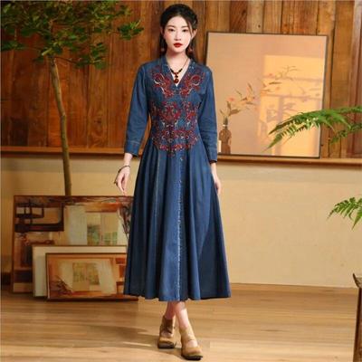 Woman Spring Cotton Long Sleeves Single Breasted Vintage A-Line Dress Embroidery V-Neck Vintage Dress
