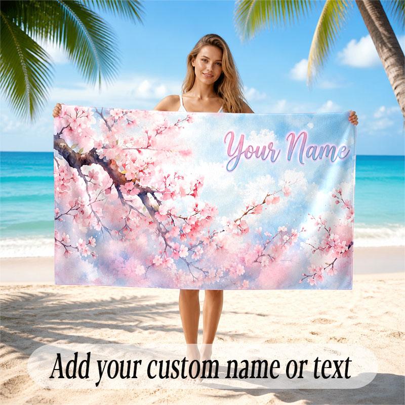 Floral Garden Theme Soft Beach Towel Personalized Custom Name Text Towel Portable for Beach Pool Travel