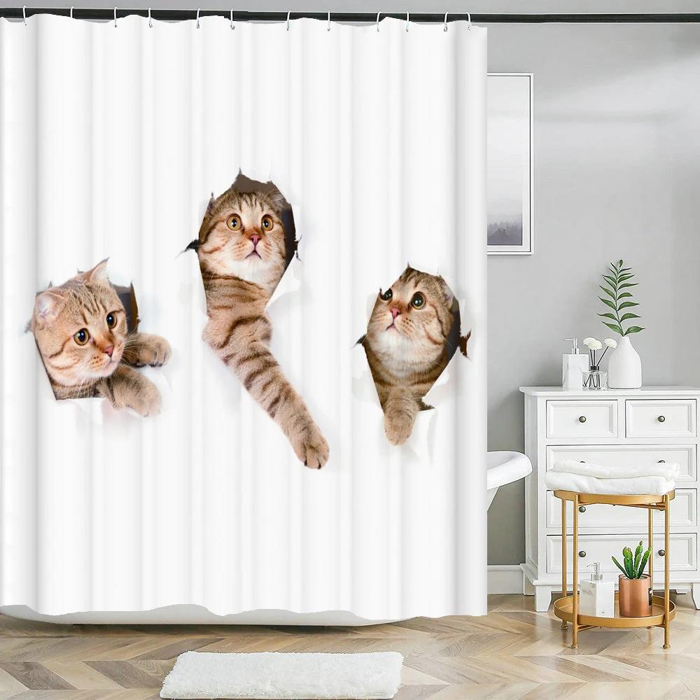 Cat Shower Curtains Bathroom Shower Curtain Cute 3D Fabric Shower Curtain with Hooks Funny Waterproof Shower Curtain or Mat