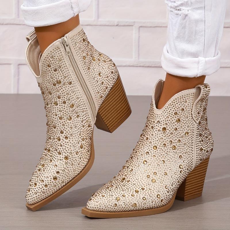Chunky Heel Women's Ankle Boots | Pointed Toe, Faux Cover, Encrusted Side Zipper, Comfortable Block Heel & Rubber Sole (EU/US 5-11)