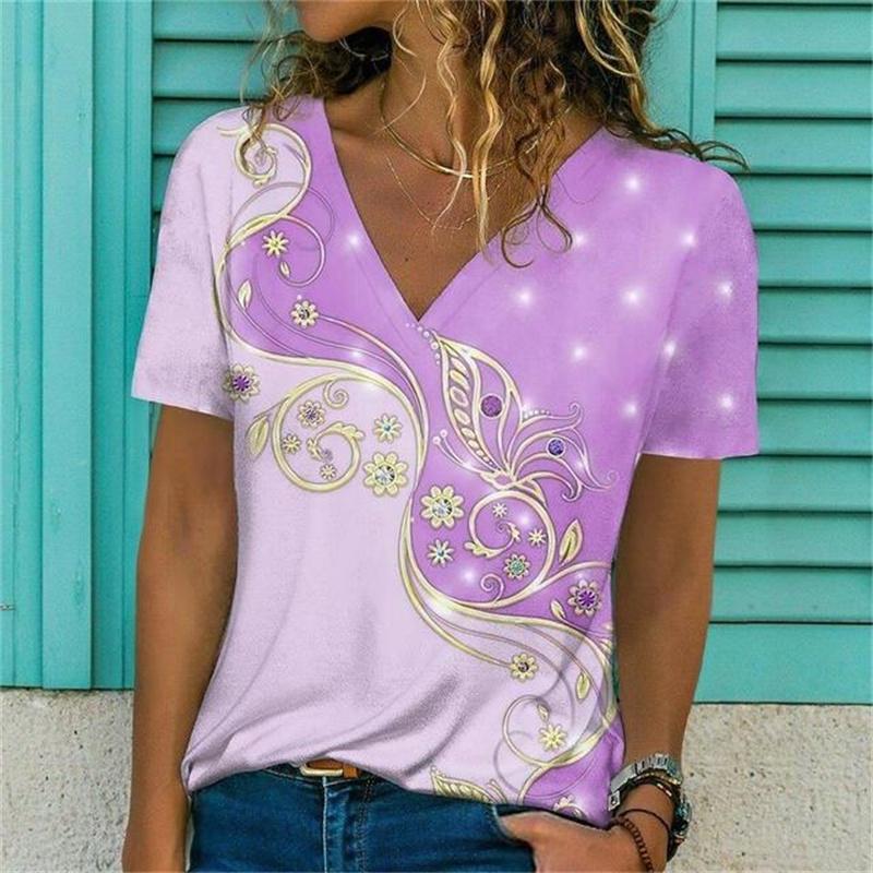 Léto Ženy Krátký rukáv Tričko s výstřihem do V pro ženy Bílá Móda Dámské Tričko 3d Potisk vážky Top Neformální oblečení