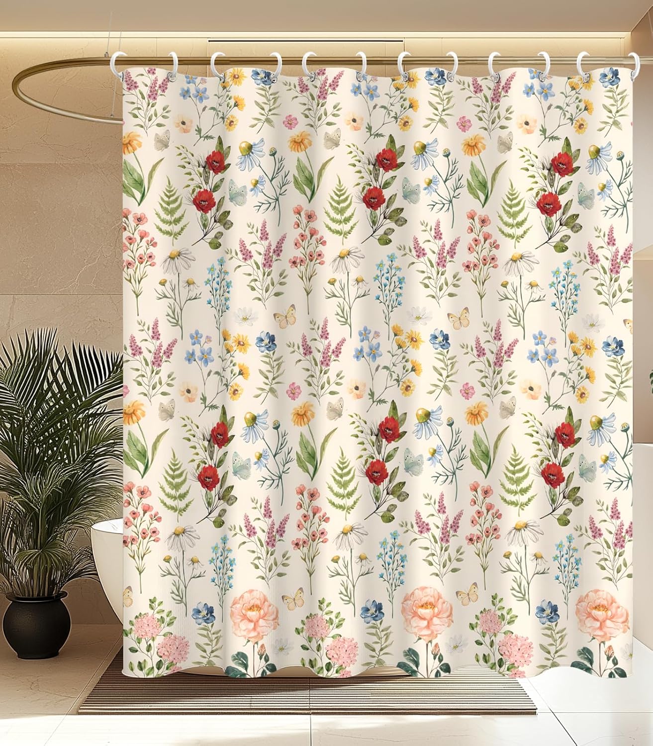 

Colorful Wildflower Butterfly Shower Curtain 70X70 Inches Vintage Garden Style Bathroom Decor With Pink Red Blue Flowers W60H190(CM)-1 Pcs