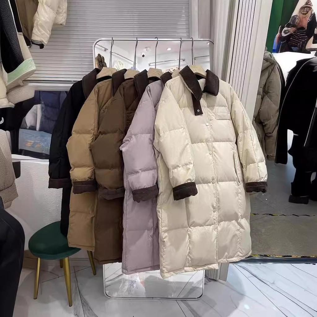 Medium and Long Down Jacket Women's New Splicing Corduroy Lapel Thickened Winter Coat