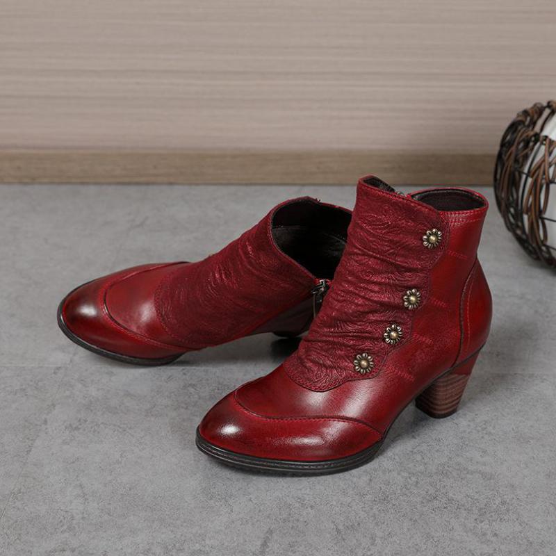 Johnature Patchwork Shoes Women Boots Genuine Leather Cloth Winter Retro Handmade Concise Round Toe Platform Boots