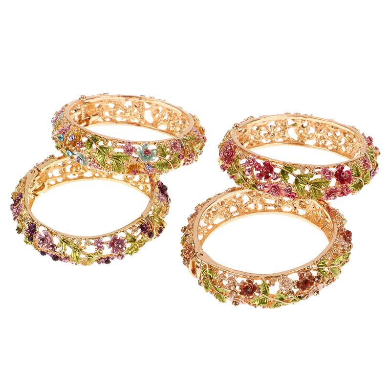 Colored Ethnic Style Flower Bangles Alloy Openwork Engraving Vintage Open Bracelets For Women Jewelry Gift