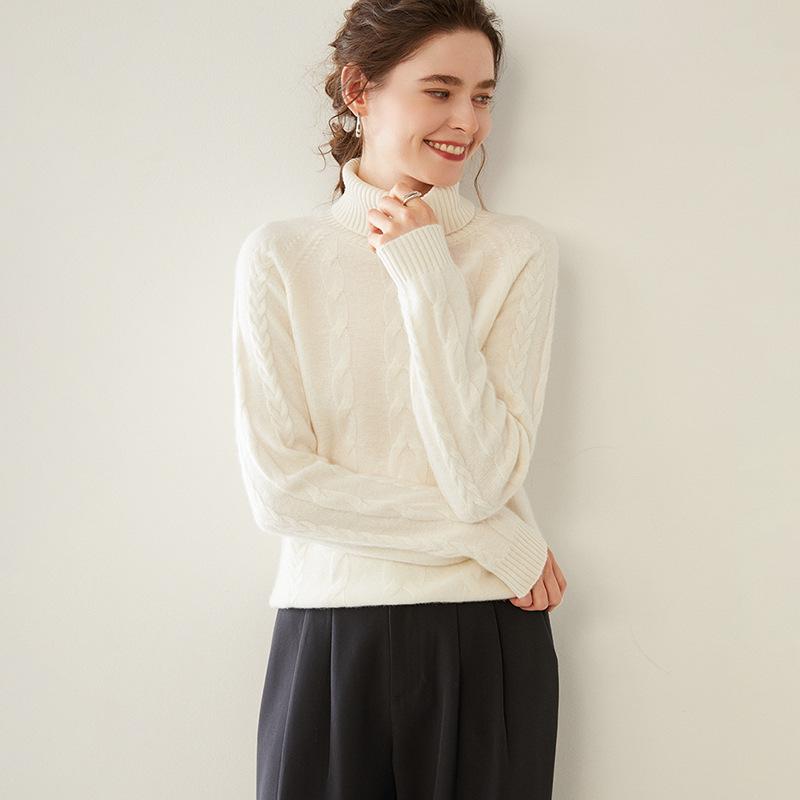 Women's Double-Strand Thick Cable Knit Cashmere Sweater - Long-Sleeved, Mid-Length, Autumn/Winter High-End Base Shirt