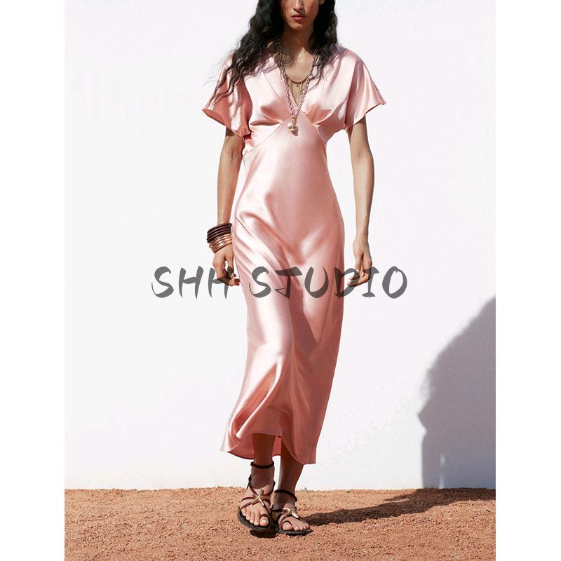 Summer New Product Women's Clothes French Style V-neck Elegant Long Silk Satin Texture Midi Skirt Dress 2330399