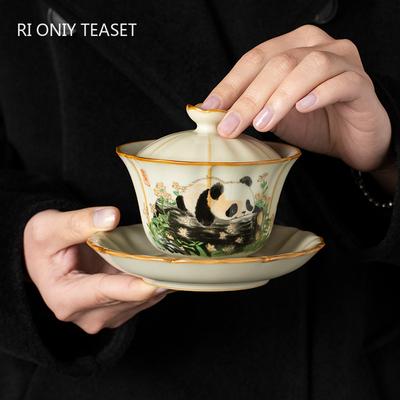 Chines Hand-painted Panda Ceramic Gaiwan Ru Kiln Teacup Handmade Beauty Tea Infuser Household Travel Tea Bowl Portable Teaware