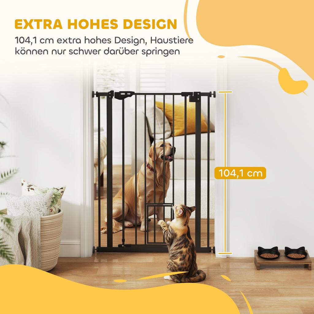 Extra Tall Pet Gate, Indoor Dog Safety Gate, with Cat Flap, Auto Close, 74-80cm Wide - Black