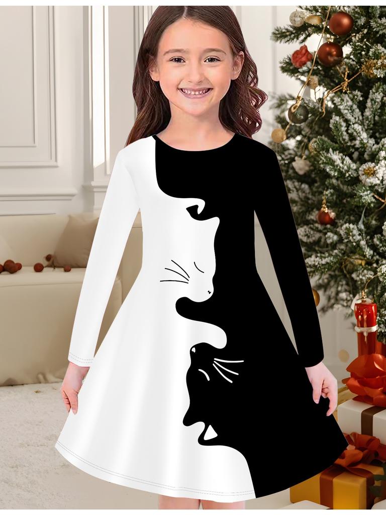 Girls' Autumn and Winter Fashion Dress, 3D Black Cat Print  Round Neck Long Children's T-shirt Dress, Casual Versatile, Christmas Clothing