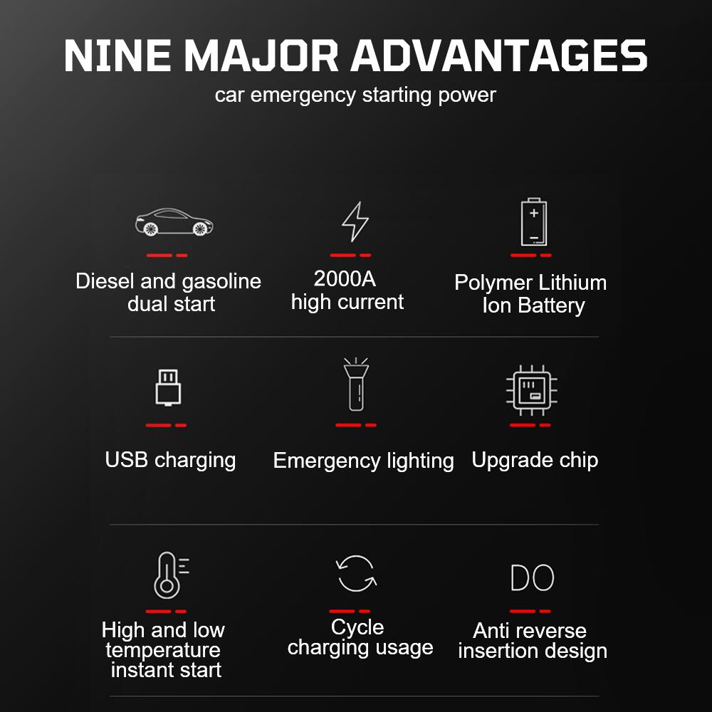 Power Bank with LED Light Jump Starter Tire Accessories 2000A Peaks with Air Compressor Automobile Battery Booster Power Pack