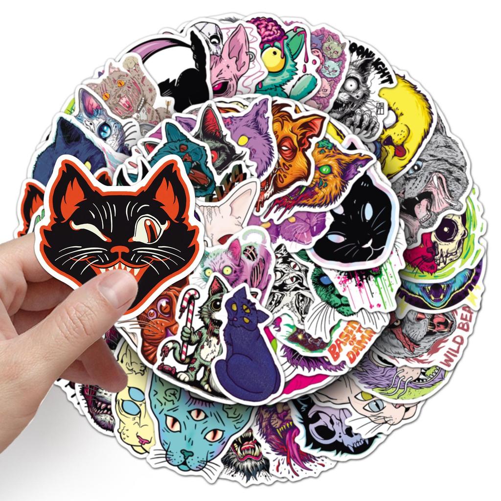 50PCS Halloween Scary Cat Stickers – Cartoon Animals for Journal, Headphone, Desktop, and Refrigerator