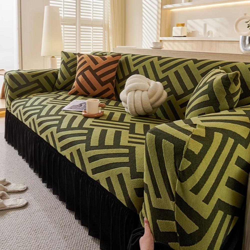 Jacquard Sofa Cover with Skirt Universal Full Coverage Stretch Slip Proof Fabric Couch Dust Protector