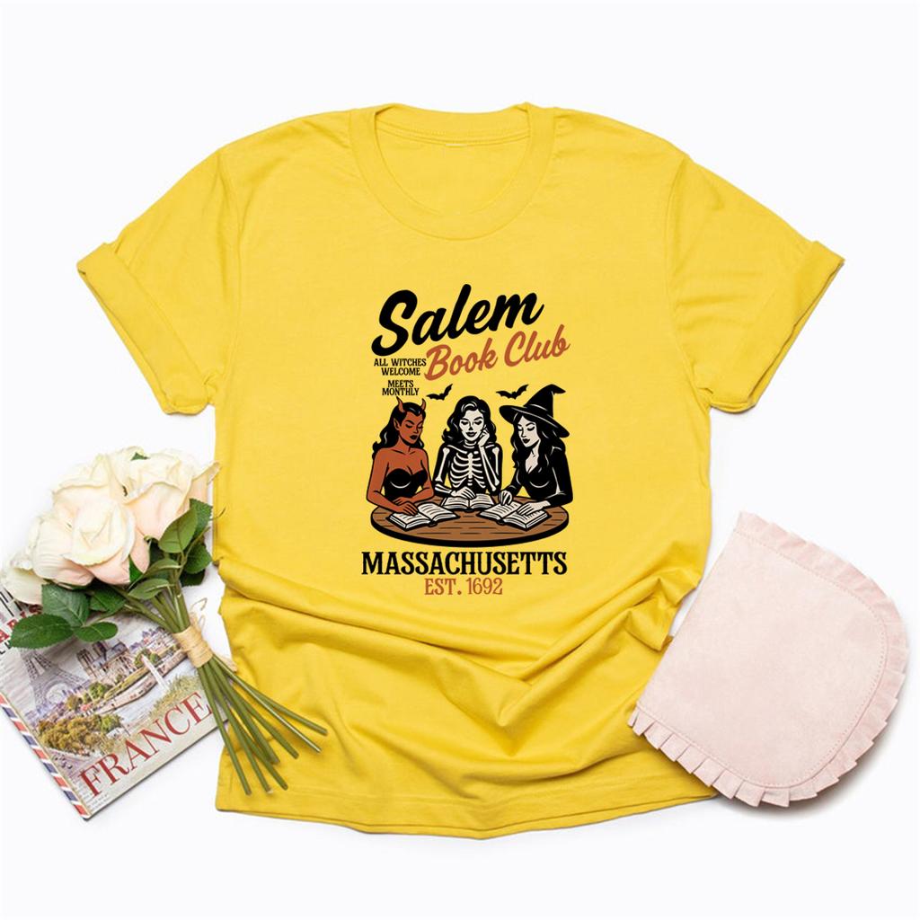 Witchy Book Club T-Shirt Spooky Girl Reading Tshirt Book Lover Halloween T-shirt Casual Women Graphic T Shirts Witches Salem Tee