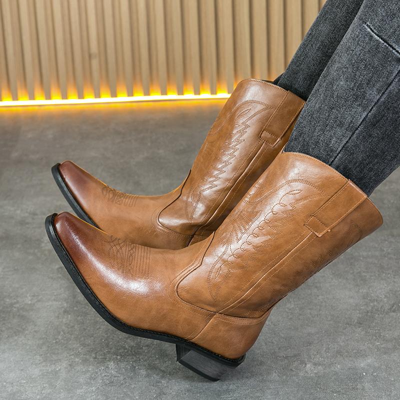 Fashion Cowboy Boots Men Black Brown Wooden Sole Embroidered Mid Leg Knight Boots Western Chelsea Boots Size 38-46 Men Boots