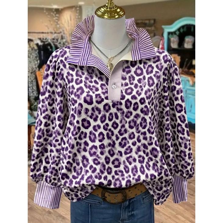 Women's Retro Christmas Pattern Blouse - Turn-Down Collar Long Sleeve, Loose Casual Silhouette, Festive Gift Tree Print Top Suitable for Fall/Winter