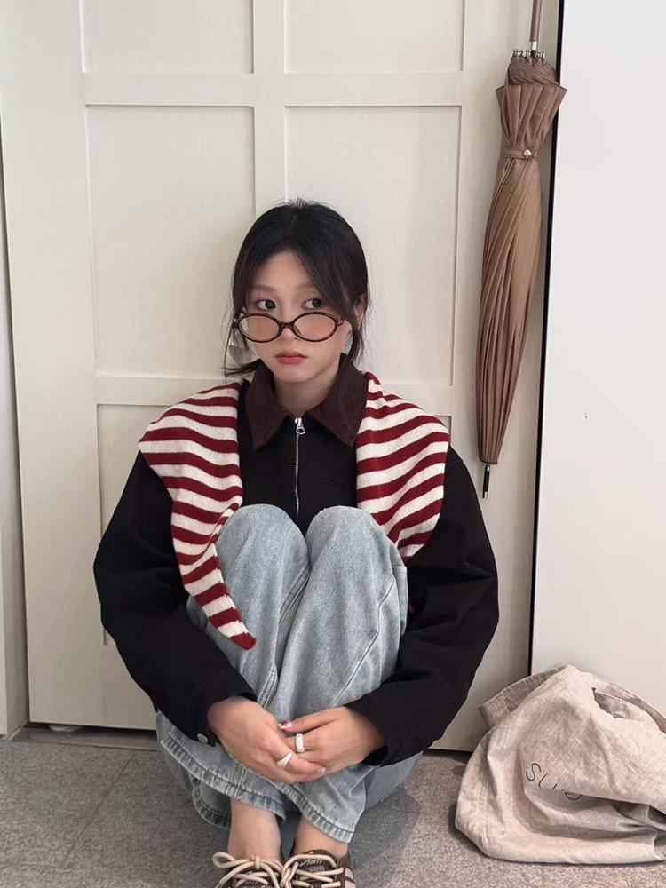 British Korean Niche  Wool Knitted Triangular Scarf Women Stripe Headscarf Knitted Scarf Multi-Functional Warm Knitted Scarf