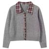 Fake Two-piece Plaid Splicing Neck Sweater Jacket Spring and Autumn New Gray College Loose Knitted Cardigan