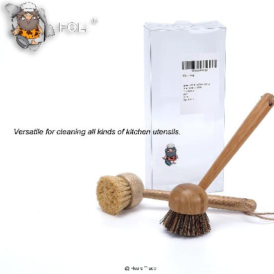 FOLI Bamboo Handle Dish Scrub Brushes - Wooden Cleaning Scrubbers with Stiff Bristles for Washing Kitchen Cast Iron Pan Pot (2PCS with Sisal & Palm