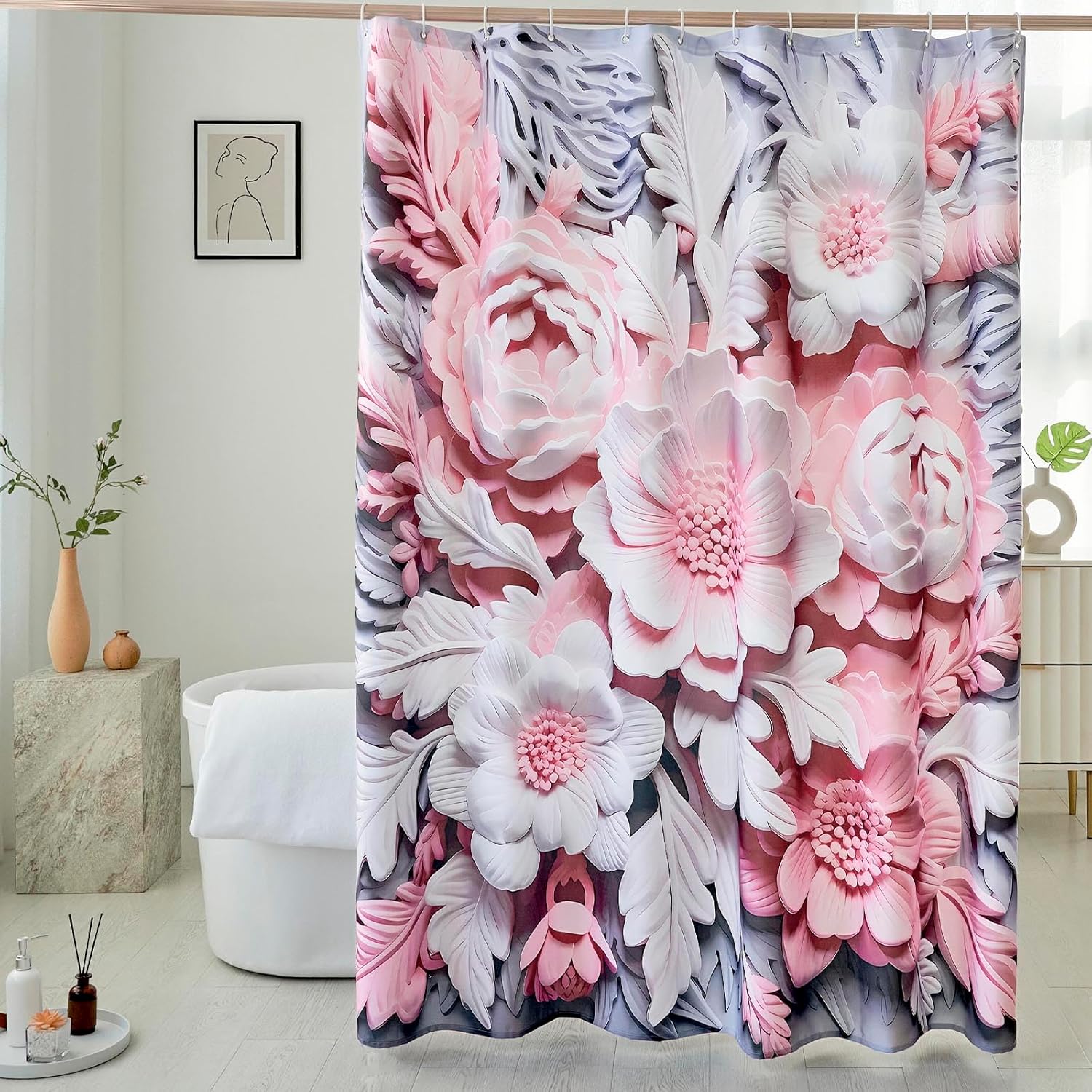 

Elegant Floral Shower Curtain, Neutral Off-White With Large Flowers And Greenery Fabric Bathroom Decor Waterproof Shower Curtain W60H190(CM)-1 Pcs