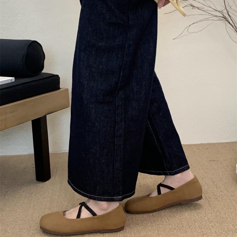 Leather Niche Round Head Cross Elastic Band Flat Ballet Shoes Mary Jane Shoes Women's Summer and Autumn 2025 Single Shoes
