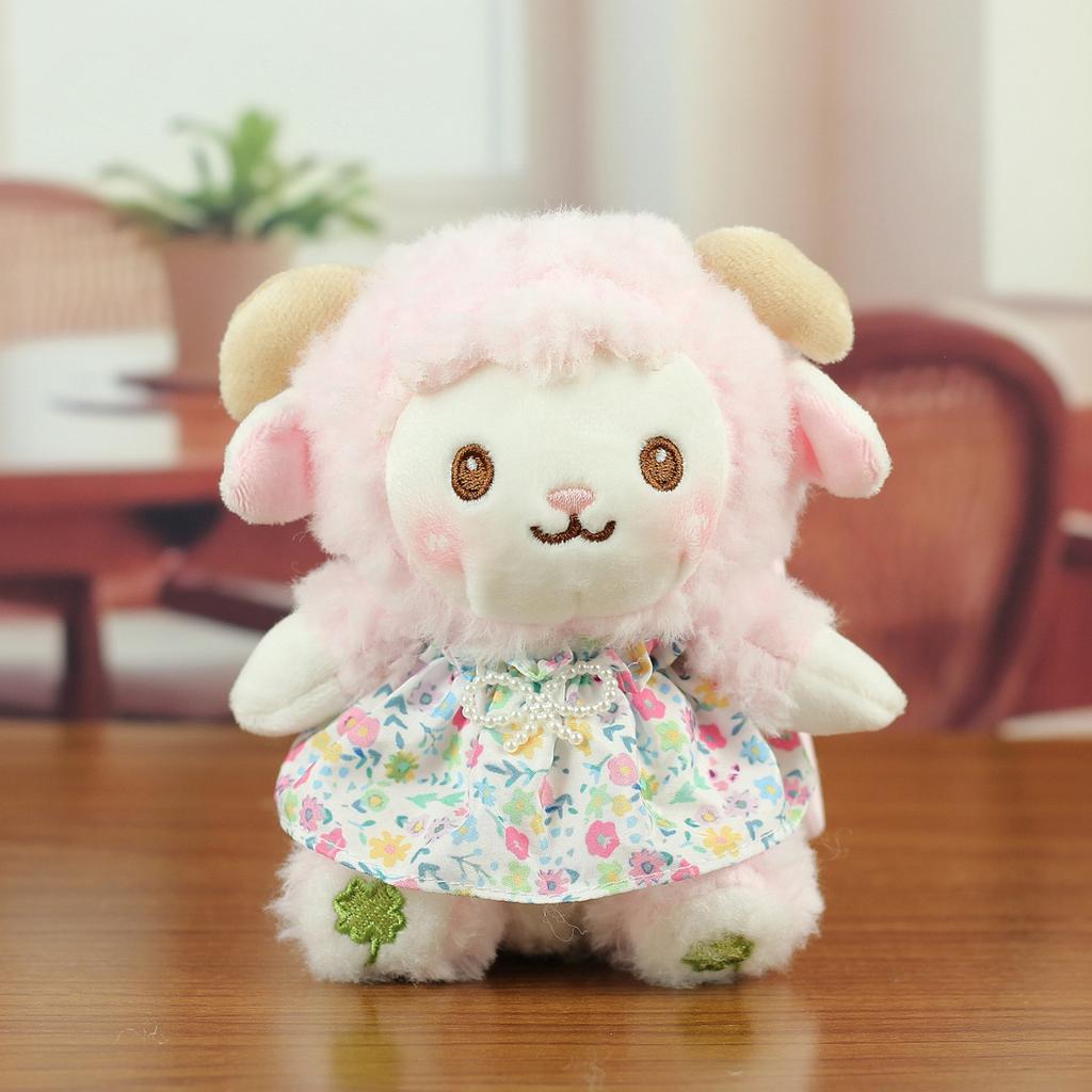 Soft Plush Toy Stuffed Animal Cartoon Sheep Doll with Floral Dress and Embroidered Details for Kids and Collectors