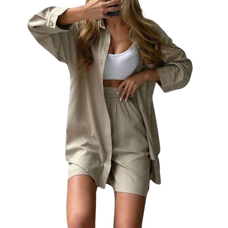 Fashion Spring and Summer Two-Piece Set Long Sleeves Lapel Shirt Shorts Loose Fashion Casual Set Casual Suit